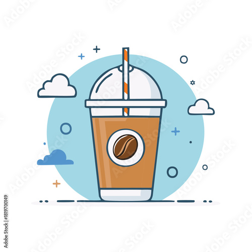 Refreshing Iced Coffee Drink with Coffee Bean Icon and Playful Clouds Illustration