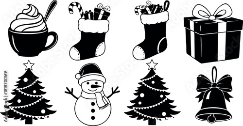 Christmas holiday icons set with coffee cup snowman gift tree and bell vector illustration