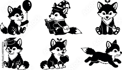 Cute cartoon baby foxes playing with balloon and heart in various poses vector illustration