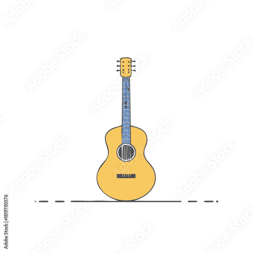 A bright yellow acoustic guitar with blue accents on its neck and a clean white background for music and sound