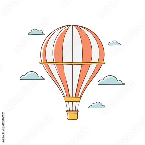 Bright striped hot air balloon ascending among fluffy cartoon clouds a whimsical adventure