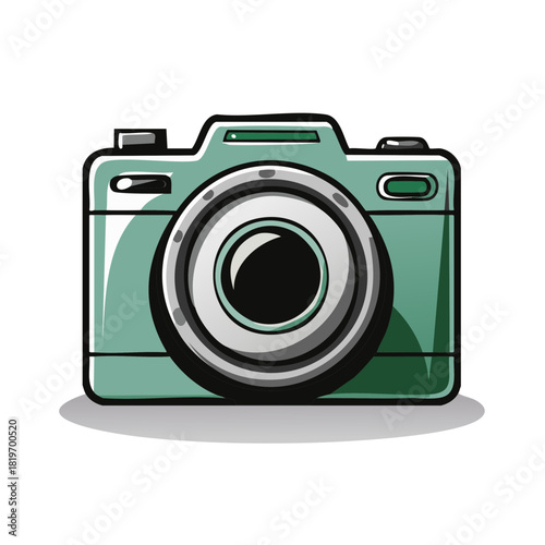 Stylized mint green compact digital camera illustration with bold outlines and a prominent lens for creative photography concepts