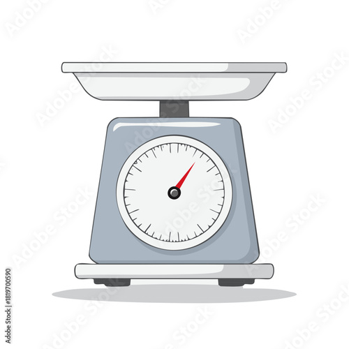 Classic gray analog kitchen scale with a round dial and tray, vector illustration for measuring food ingredients