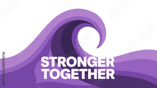 Raising awareness banner with text STRONGER TOGETHER  in purple waves on white background. For fibromyalgia, Crohn’s disease, Hodgkin's lymphoma, Alzheimer’s and other deceases awareness campaigns