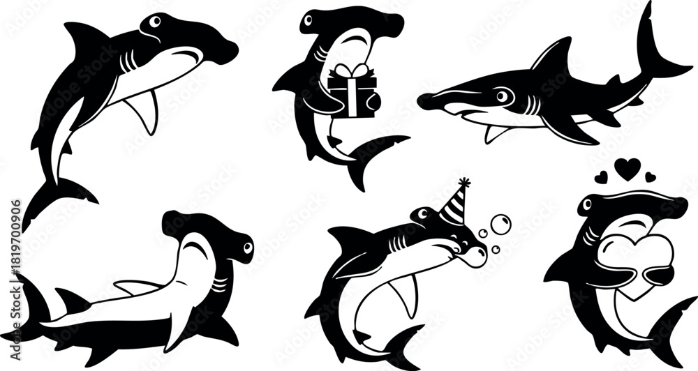 Obraz premium Cartoon hammerhead sharks in various playful poses vector illustration