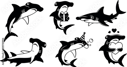 Cartoon hammerhead sharks in various playful poses vector illustration