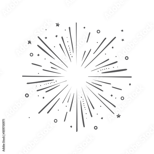 Hand drawn graphic burst of lines and dots with stars and circles emanating from center