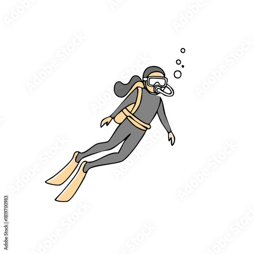 Colorful cartoon style woman scuba diver exploring underwater with fins mask and gear