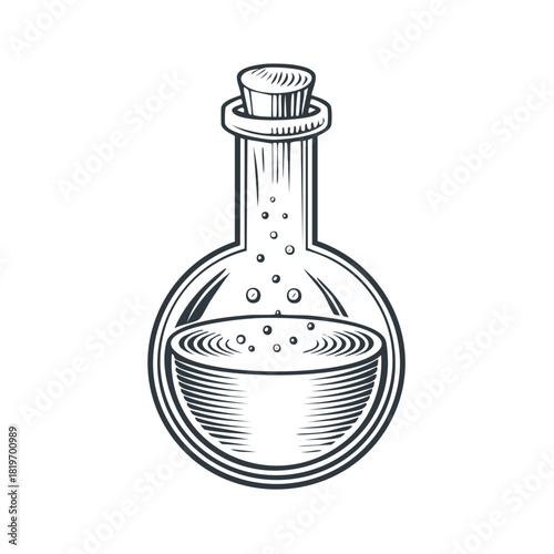 Mysterious bubbling potion bottle with cork stopper magical science experiment