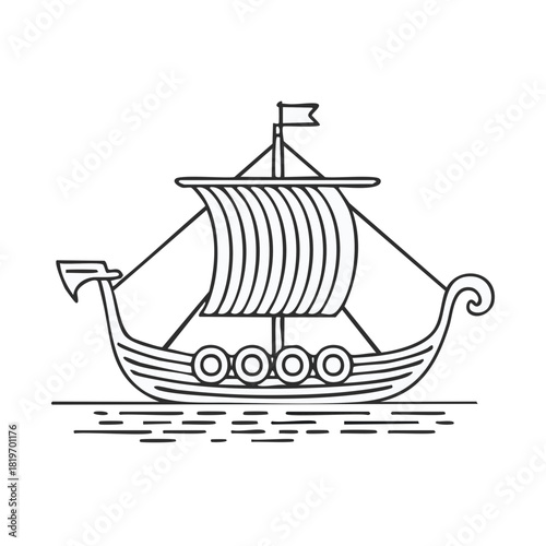Line art illustration of a traditional Viking longship sailing on water with a single sail and flag.