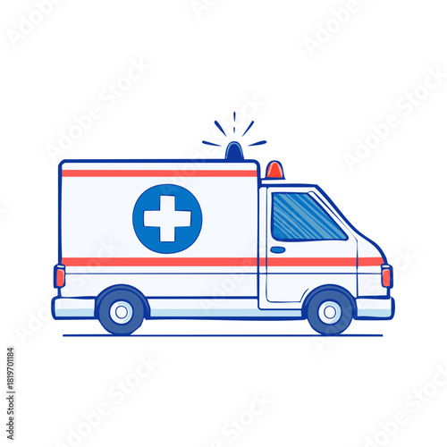 White ambulance with blue cross and red stripes emergency vehicle illustration