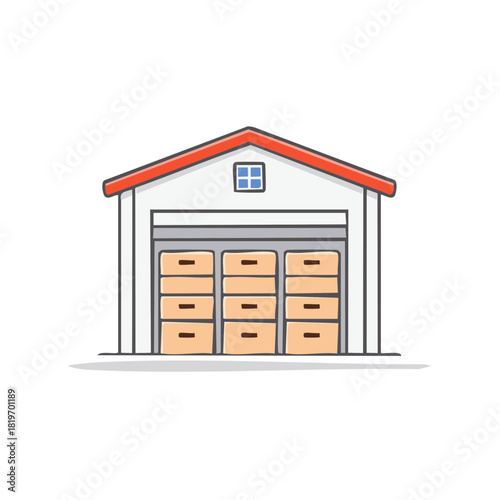 Colorful cartoon storage unit building featuring multiple boxes securely stored behind a closed garage door