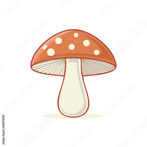 Cartoon illustration of a spotted mushroom with a red cap