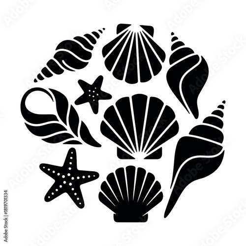 Two distinct arrangements of marine life and foliage in a dark silhouette style 