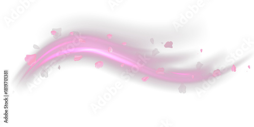 Vector swirl of flying pink petals with soft glowing light trail on transparent background. Romantic and elegant design element for greetings, cosmetics ads, wedding or beauty projects.