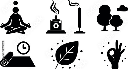 Meditation yoga pose incense stick smoke trees cloud leaf hand gesture vector illustration