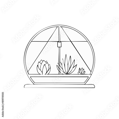 Stylish Minimalist Line Drawing of a Circular Terrarium Housing Three Unique Succulent Plants