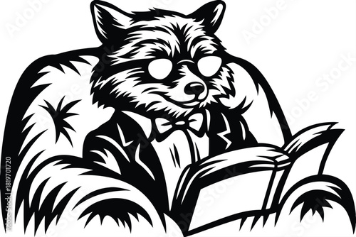 Stylish fox in a tuxedo and glasses calmly reads an open book in monochrome