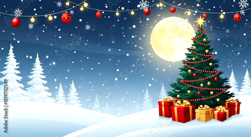 Decorated christmas tree with gifts in a snowy winter wonderland