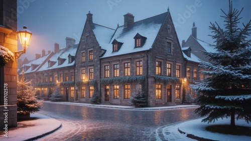 Winter town street with historic stone buildings and snow