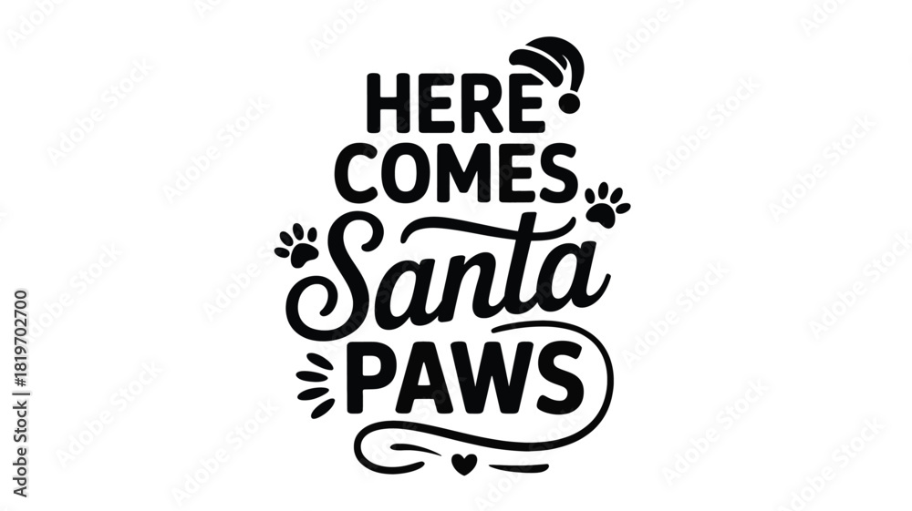 Fototapeta premium Here comes santa paws christmas greeting with paw prints and santa hat in a charming black silhouette style