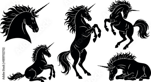 Black unicorn silhouettes set magical fantasy horse mythical creature vector illustration collection