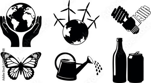 Sustainable environment concept with hands globe wind turbines butterfly watering can and bottles vector illustration
