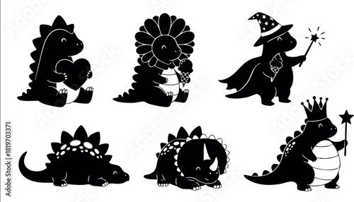 Cute dinosaur cartoon characters collection with witch and king costume vector illustration black silhouette