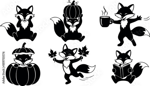 Cute fox cartoon vector set with pumpkin autumn leaves coffee and book elements for seasonal design