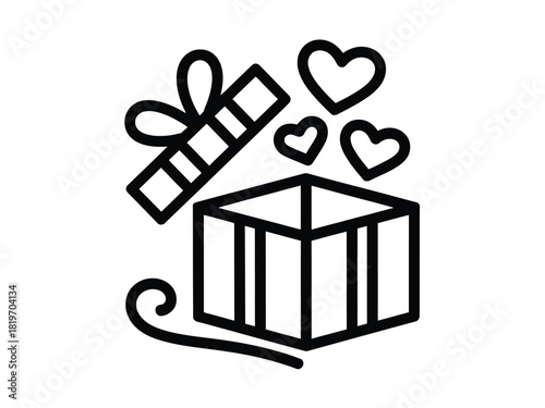 Outline drawing of a gift box with hearts floating out of it