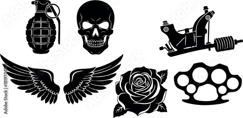 Tattoo design set with skull grenade wings rose knuckle and tattoo machine vector illustration