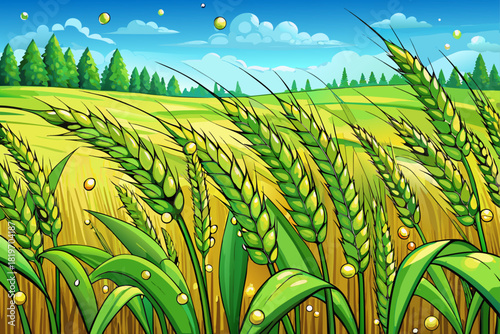 vector of Barley fields glisten with green, huskless seeds. Dewdrops clinging to a field of vibrant, huskless green barley. Fresh dew beautifies a field of green, huskless barley crops.