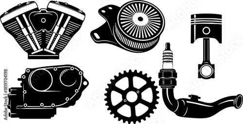 Motorcycle engine parts collection black silhouette detailed vector illustration mechanical components design