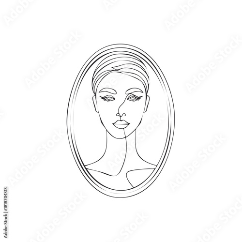 Abstract Minimalist Line Art Woman Face Portrait Oval Frame Continuous Line Drawing