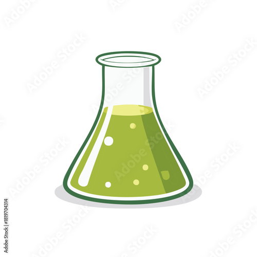 Green liquid in a laboratory flask, science experiment, chemistry beaker