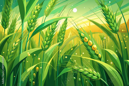 vector of Barley fields glisten with green, huskless seeds. Dewdrops clinging to a field of vibrant, huskless green barley. Fresh dew beautifies a field of green, huskless barley crops.
