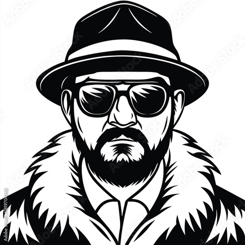 Stern man wearing sunglasses and a fedora sports a furry collar in monochrome