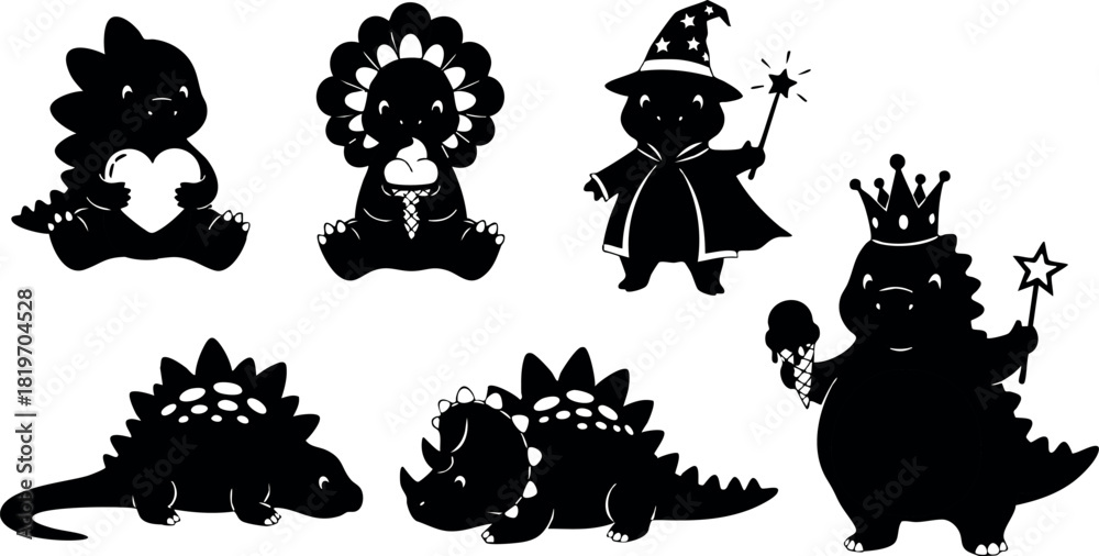 Naklejka premium Cute dinosaur silhouettes with wizard and princess costumes fantasy character designs vector illustration
