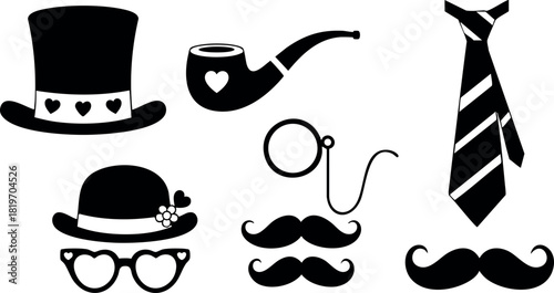 Vintage gentleman accessories hat pipe glasses tie moustache vector illustration collection