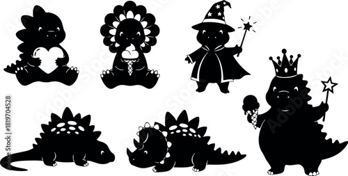 Cute dinosaur silhouettes with wizard and princess costumes fantasy character designs vector illustration