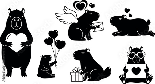 Cute black silhouette capybara love romantic symbols heart balloons gift vector illustration