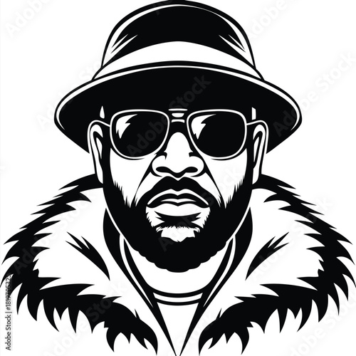 Stylish black man wearing shades, hat, and fur collar exudes cool confidence
