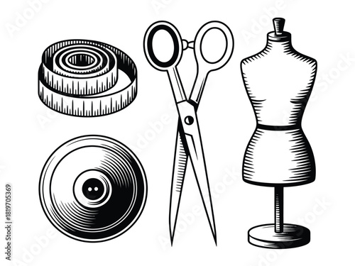 Illustration of sewing tools including mannequin and scissors