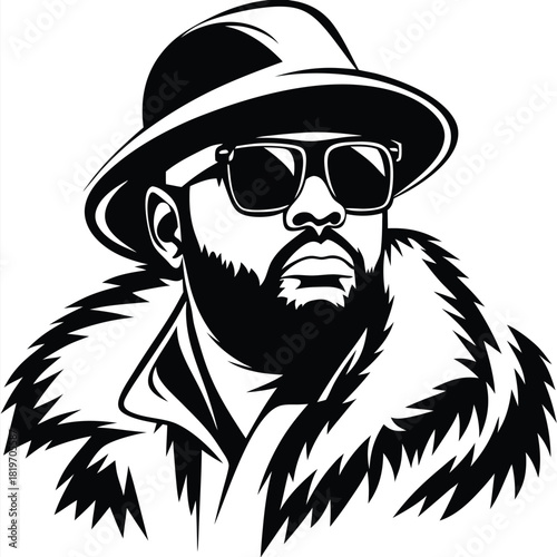 Stylish African man in sunglasses and furry coat showcases a bold, confident silhouette