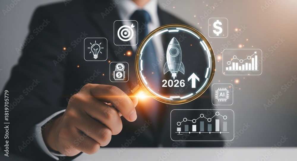 Fototapeta premium Business Trend Analysis 2026 with Futuristic UI and Magnifying Glass