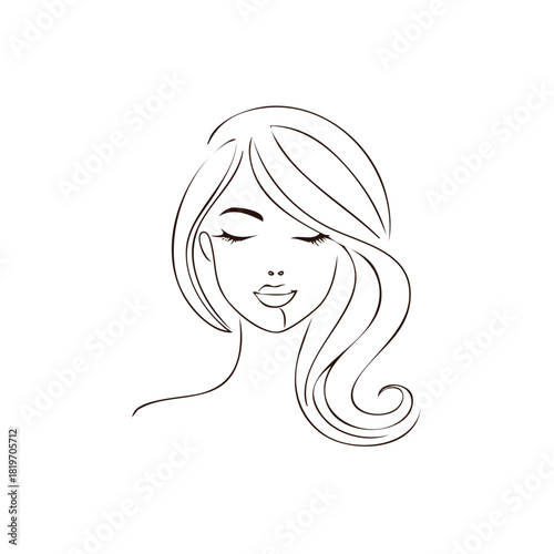 Elegant line art portrait of a beautiful woman with closed eyes and long hair
