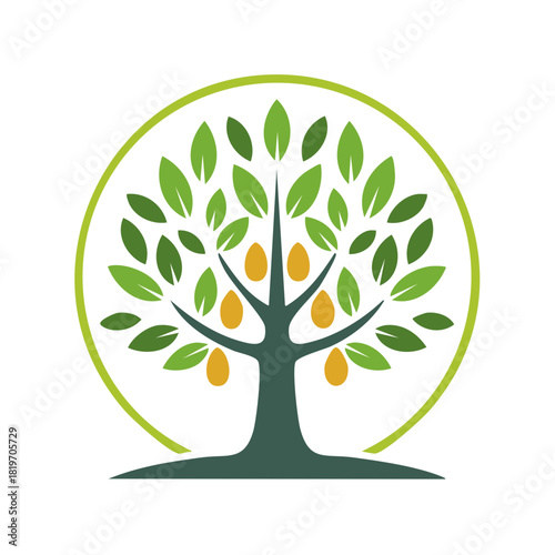 Green leafy tree with golden fruit inside a lime green circle logo