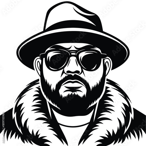 Monochrome reveals a serious man wearing sunglasses, a fedora, and a fur coat