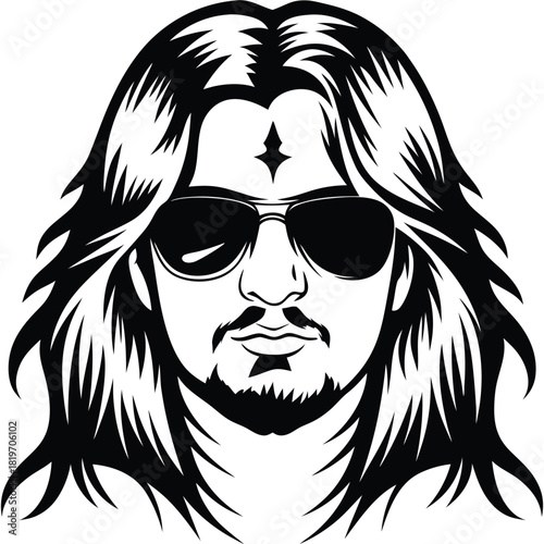 Stylish man with long hair and sunglasses showcases a retro aesthetic in black and white