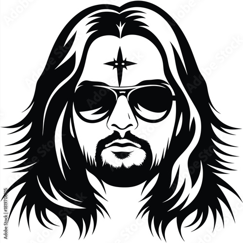 Silhouette shows a man with sunglasses, long flowing hair, and a beard